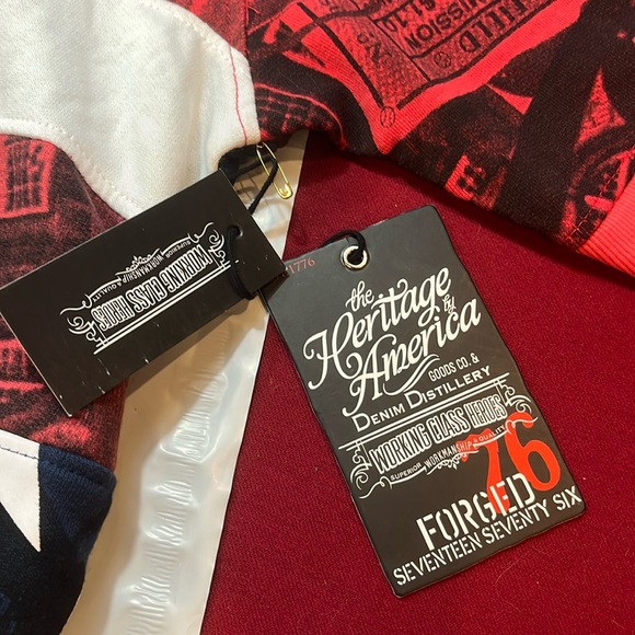 USA flag HOODIE new Denim Distillery American Short Sleeves Red White Blue MENS - Picture 2 of 15